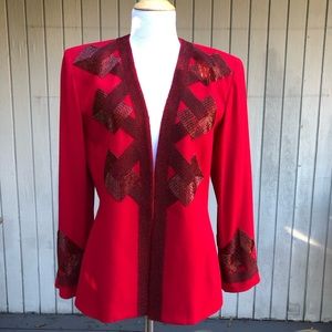 Vintage Nolan Miller 80s Jacket 100% Wool Red Beaded Lapels & Cuffs Size 6